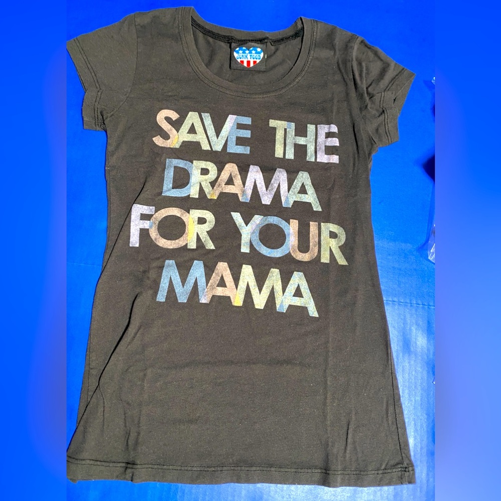 Junk Food Clothing Y2K Black Tee Save Your Drama For Your Mama Rainbow Letters S